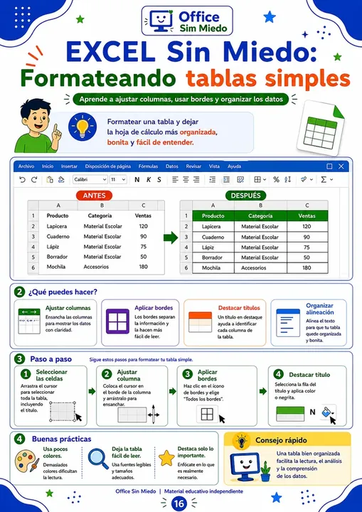 Página del curso Office Sin Miedo: Excel: formateando tablas simples